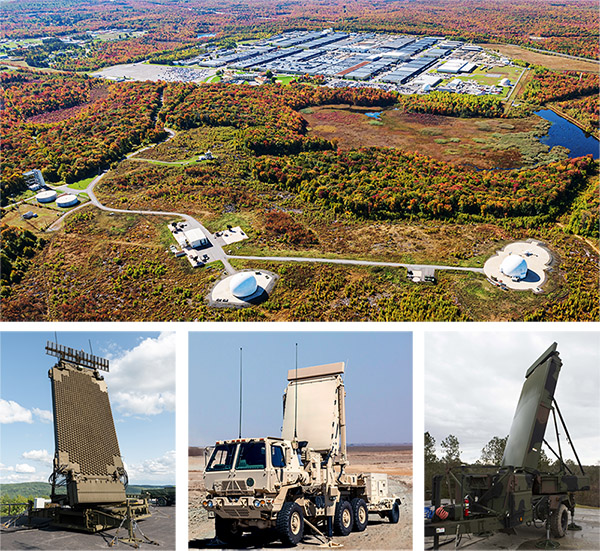 Top Photo is an aerial view of Tobyhanna Army Depot with Radar sites, an AN/TPY-4, an AN/TPQ-53 and a AN/TPS-80